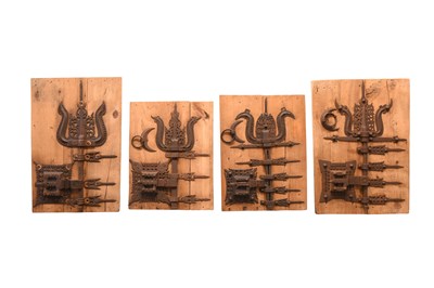 Lot 57 - FOUR WOODEN PANELS WITH LARGE PAINTED AND PIERCED IRON DOOR HINGES AND LOCKS
