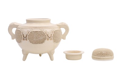 Lot 82 - A RETICULATED SATSUMA INCENSE BURNER, COVER AND LINER