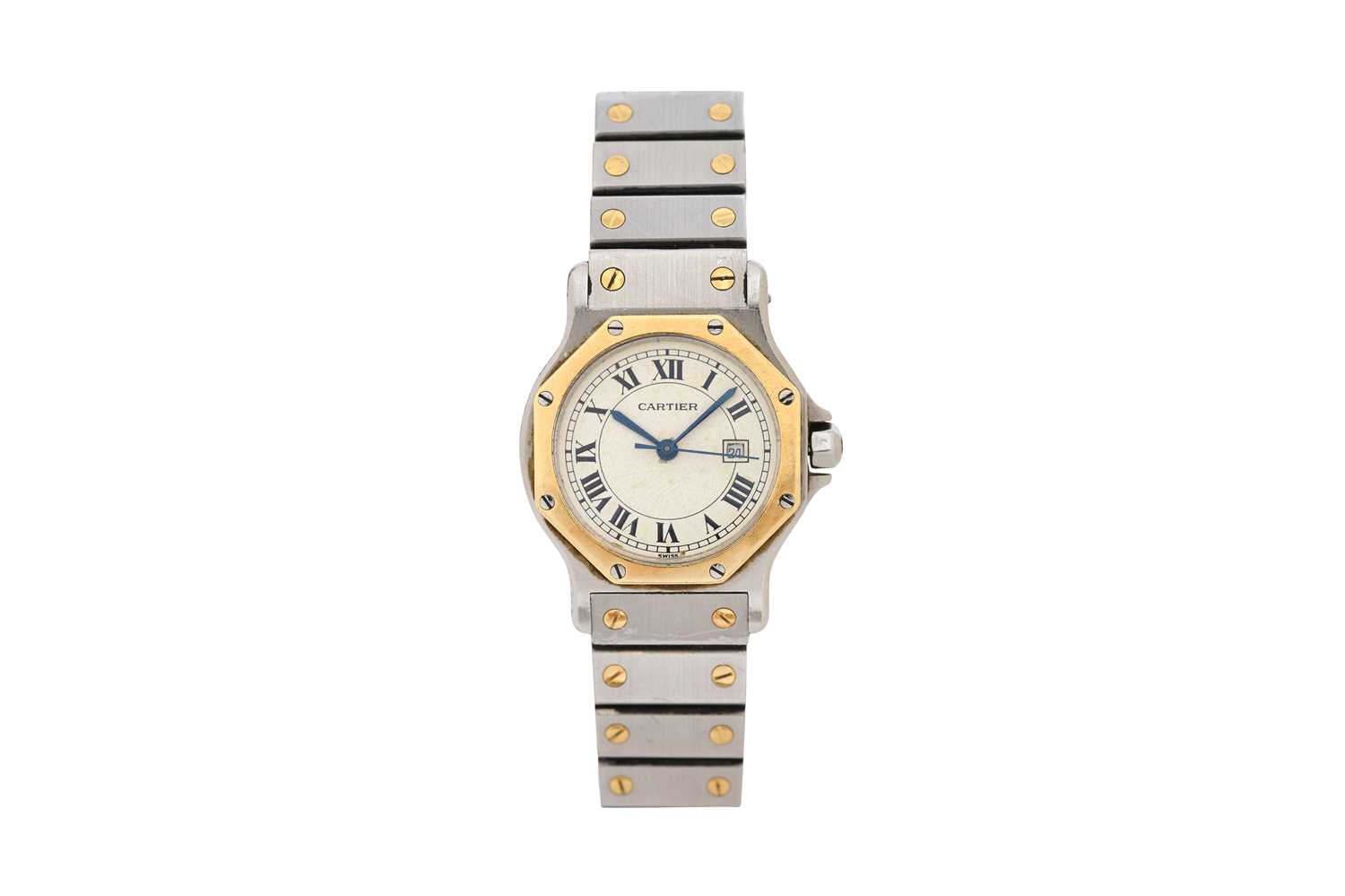 Lot 49 - A UNISEX CARTIER 18K YELLOW GOLD AND STAINLESS STEEL AUTOMATIC BRACELET WATCH.