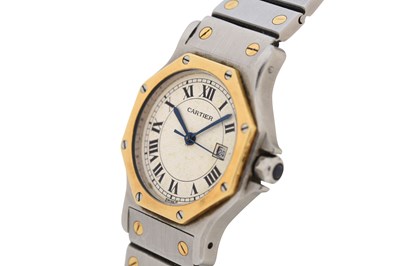 Lot 49 - A UNISEX CARTIER 18K YELLOW GOLD AND STAINLESS STEEL AUTOMATIC BRACELET WATCH.