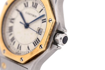 Lot 49 - A UNISEX CARTIER 18K YELLOW GOLD AND STAINLESS STEEL AUTOMATIC BRACELET WATCH.