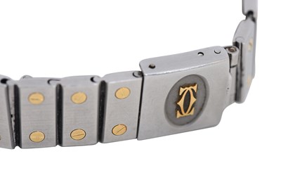 Lot 49 - A UNISEX CARTIER 18K YELLOW GOLD AND STAINLESS STEEL AUTOMATIC BRACELET WATCH.